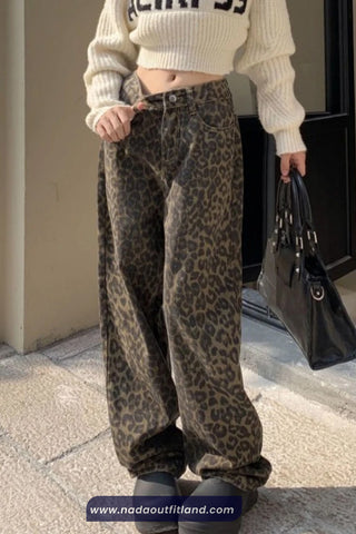 High Waist Leopard Pattern Loose Jeans Pants