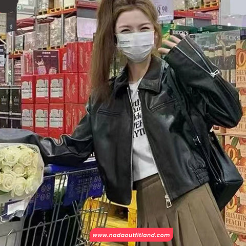 Long Sleeve Turn Down Collar Black Leather Cropped Jacket