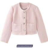 Long Sleeve Retro O-Neck Cropped Pink Tweed Jackets