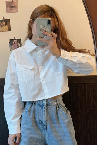 Long Sleeve Cropped White Blouse Shirt