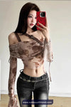 Long Sleeve Roses Pattern Off Shoulder Flare Shirt