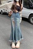 Upgrade your Y2K Whimsigoth Aesthetic with this High Waist Irregular Style Mermaid Denim Skirt. The ultimate essential for Korean streetwear outfits, asymmetric fishtail maxi skirt trends, and dramatic denim lookbooks. Featuring a flattering snatched high-rise waist and a cascading ruffled wave hem, this long jean skirt is a must-have for your Aesthetic Skirts
