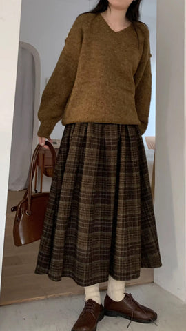 Vintage A-Line Woolen Thick Long Plaid Skirts