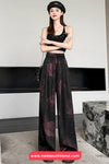 Elastic Waist Floral Pattern Black Long Pants