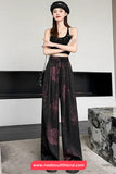 Elastic Waist Floral Pattern Black Long Pants