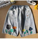 Retro Flowers Cartoon Back Printed Denim Shorts