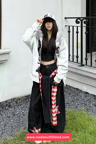 Loose Wide Leg Hip Hop Plaid Patchwork Black Jeans Pants