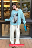 Long Sleeve O-Neck Cute Cat Blue Sweater