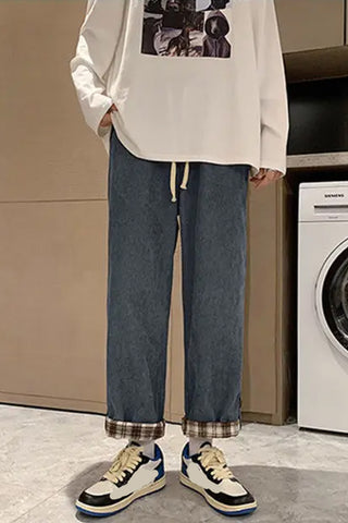 High Waist Back Side Plaid Corduroy Long Pants