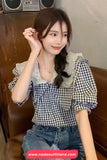 Short Sleeve Peter Pan Collar Plaid Blouse Shirt