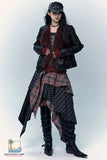 Person wearing a dark, layered outfit with a leather jacket and plaid skirt on a white background.