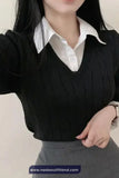 Two Piece Style Collar Shirt V-Neck Sweater