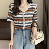 V-Neck Striped Embroidery Button Up Crochet Shirt