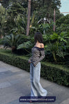 Long Sleeve Striped Slash Neck Cropped Cardigan Sweater