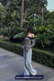 Long Sleeve Striped Slash Neck Cropped Cardigan Sweater