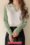 Long Sleeve Collar Knitted Slim Sweater