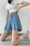 High Waist Elastic Pleated Denim Shorts