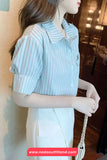 Short Sleeve Striped Pattern Office Blouse Shirt