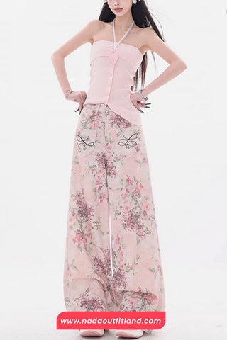 High Waist Floral Pattern Pink Pants