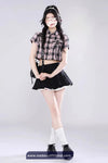 Short Sleeve Pink Plaid Cropped Blouse Shirt