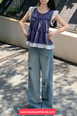 Sleeveless Hearts Printed Lace Patchwork Blouse Shirt