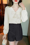 Long Sleeve V-Neck Cute Bow Blouse Shirt