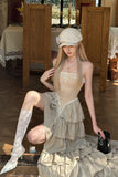 Woman in a vintage-style outfit posing in a room with wooden furniture and lace tablecloths.