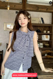 Sleeveless Vintage Plaid Elegant Bow Blouse Shirt