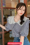 Short Sleeve Peter Pan Collar Plaid Blouse Shirt