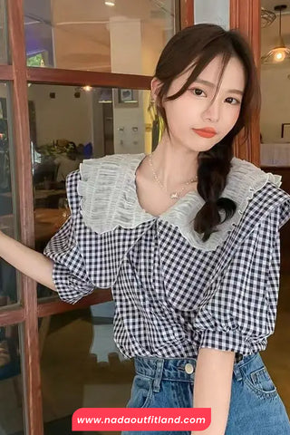 Short Sleeve Peter Pan Collar Plaid Blouse Shirt