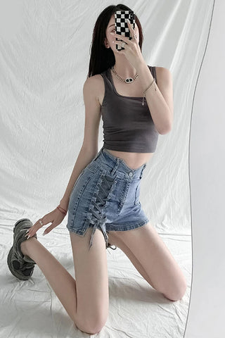 High Waist Bandage Drawstring Denim Shorts Jeans