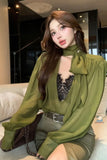 Long Sleeve Sexy Design Green Blouse Shirt