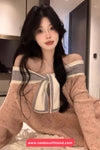Long Sleeve Off Shoulder Sweet Bow Knitted Sweater