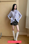 Long Sleeve Vintage Striped Ruffles Irregular Blouse Shirt