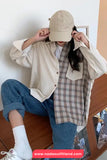 Long Sleeve Plaid Patchwork Corduroy Blouse Shirt