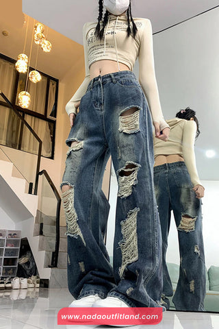 High Waist Hole Ripped Women Jeans Pants