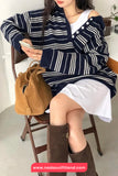 Long Sleeve Vintage Knitted Striped Button Sweater