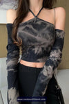 Long Sleeve Tie Dye Sexy Halter Neck Cropped Slim Shirt