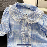 Short Sleeve Cute Sweet Plaid Lace Blouse Shirt