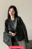 Long Sleeve O-Neck PU Leather Jacket