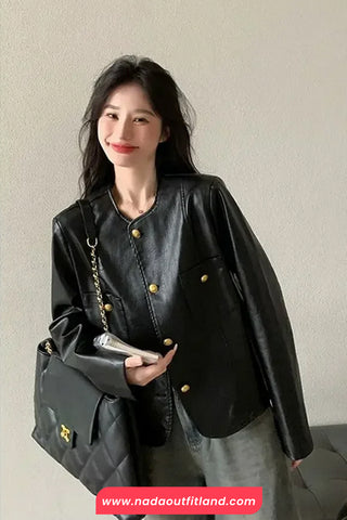 Long Sleeve O-Neck PU Leather Jacket