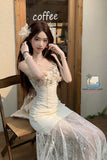 Sexy Spaghetti Strap Floral Lace Bodycon Long Dress