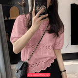Short Sleeve O-Neck Hollow Out Crochet Shirts