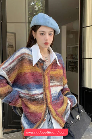 Long Sleeve Retro Colors Striped Cardigan Button Sweater