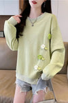 Flower Spliced O-Neck Retro Sweater