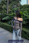 Long Sleeve Striped Slash Neck Cropped Cardigan Sweater