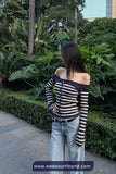 Long Sleeve Striped Slash Neck Cropped Cardigan Sweater