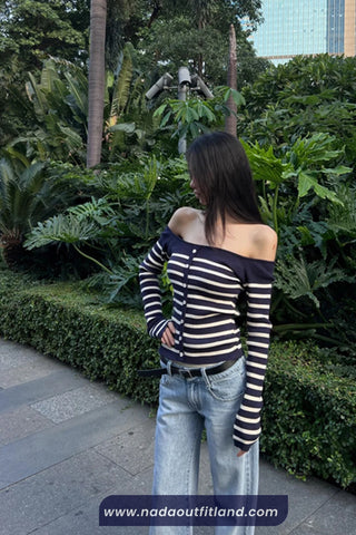 Long Sleeve Striped Slash Neck Cropped Cardigan Sweater