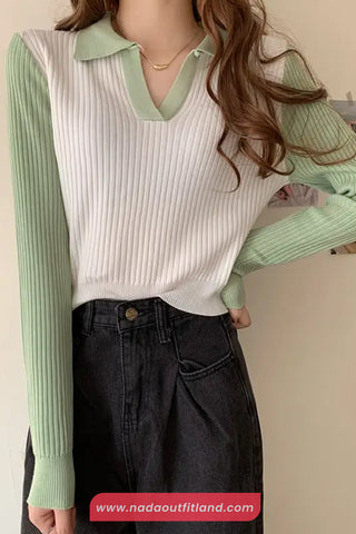 Long Sleeve Collar Knitted Slim Sweater