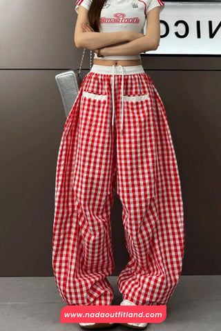 Loose Front Pockets Retro Plaid Sweatpants